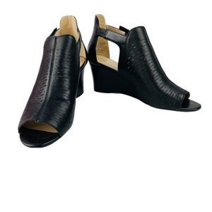 Adrienne Vittadin Black Leather Wedge Heel Open Toe Bootie Sandal Shoes US 9.5M